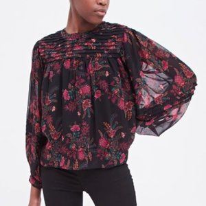 TopShop Sheer Blouson Sleeves Pintuck Yoke Peasant Blouse Sz 12 Floral Boho Top